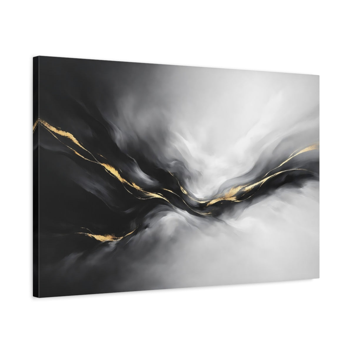 Side Mockup 2. Abstract Abstract Waves Black And Gold shown as stretched canvas wall art