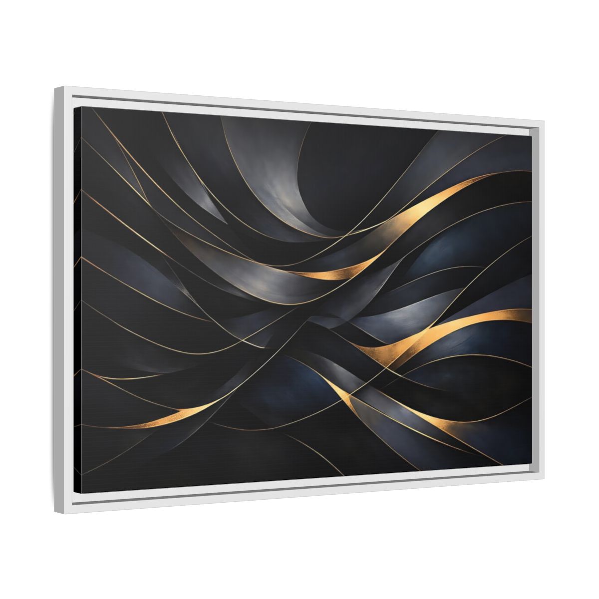 Side Mockup 10. Abstract Abstract Waves Black And Gold shown as stretched canvas wall art