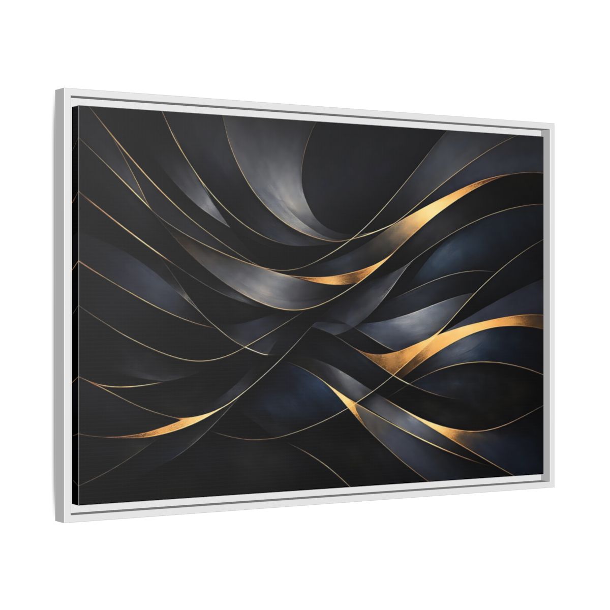 Side Mockup 8. Abstract Abstract Waves Black And Gold shown as stretched canvas wall art