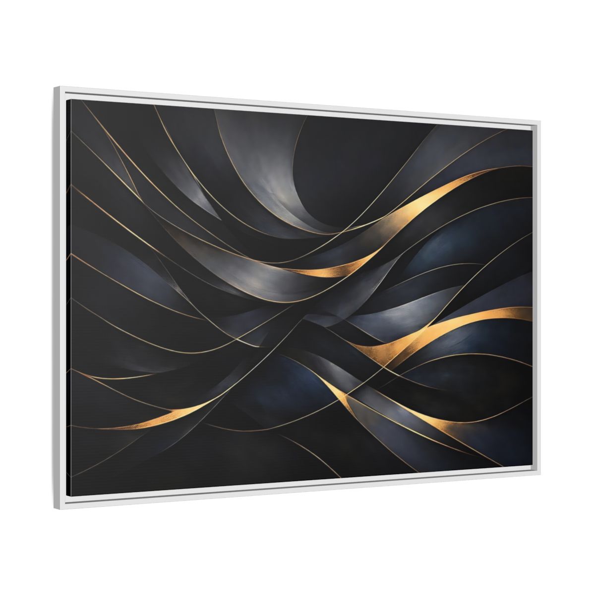 Side Mockup 7. Abstract Abstract Waves Black And Gold shown as stretched canvas wall art