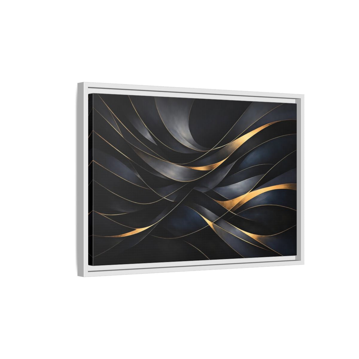 Side Mockup 1. Abstract Abstract Waves Black And Gold shown as stretched canvas wall art