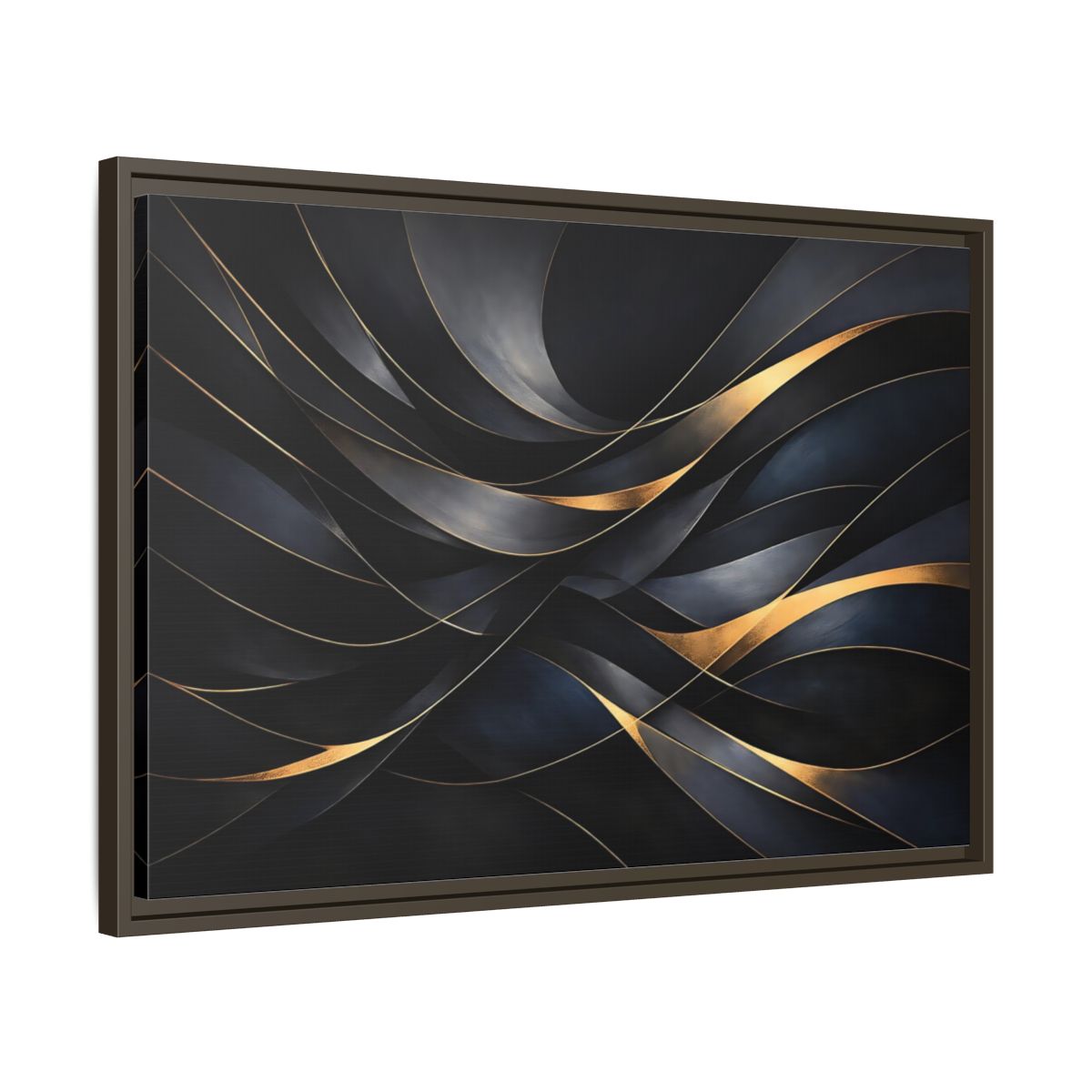Side Mockup 11. Abstract Abstract Waves Black And Gold shown as stretched canvas wall art
