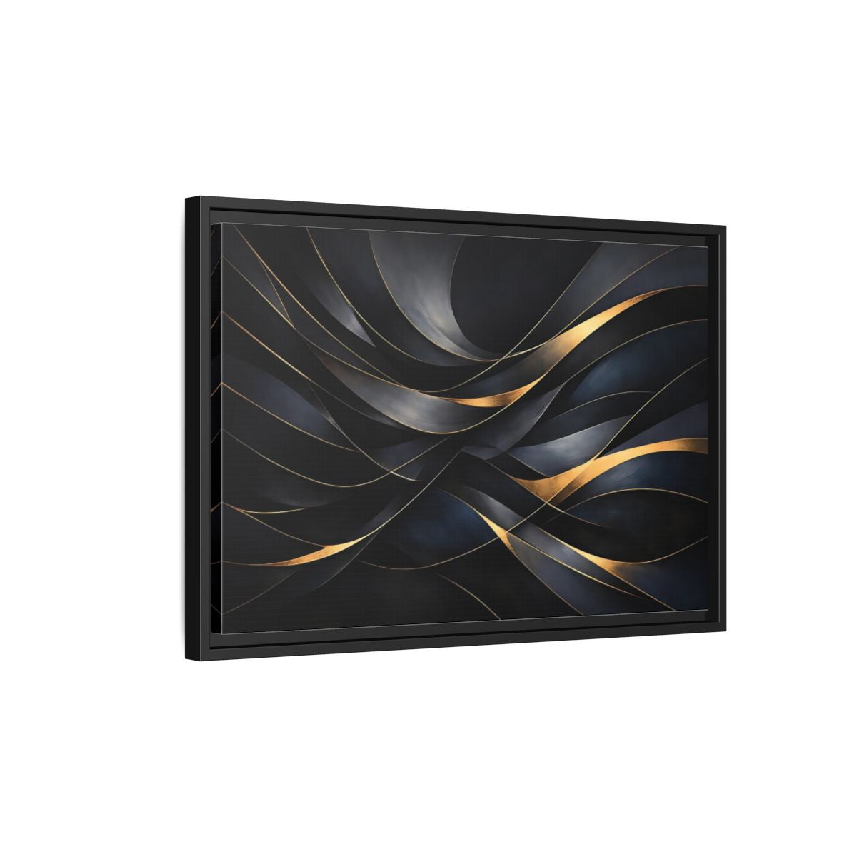 Side Mockup 3. Abstract Abstract Waves Black And Gold shown as stretched canvas wall art