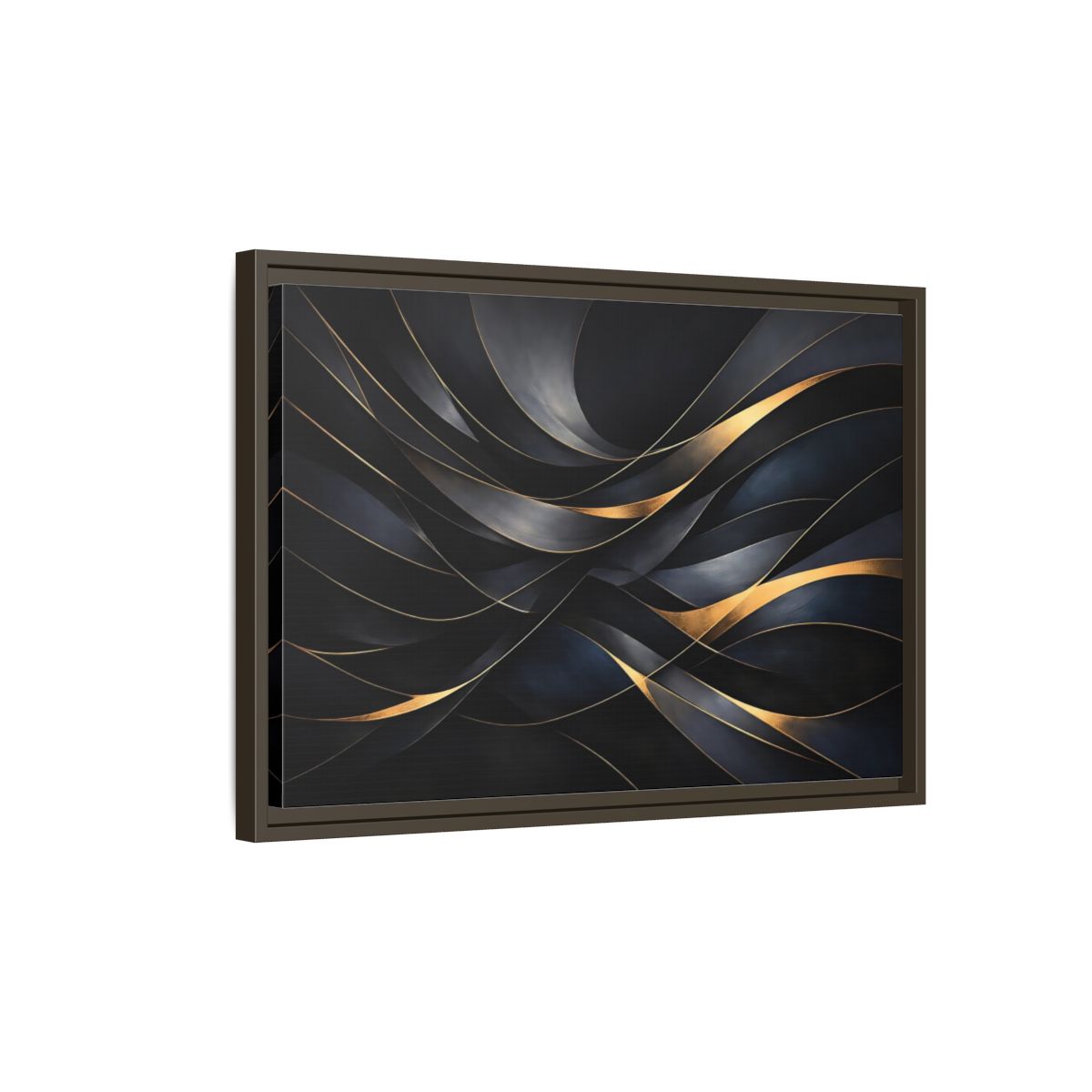 Side Mockup 2. Abstract Abstract Waves Black And Gold shown as stretched canvas wall art