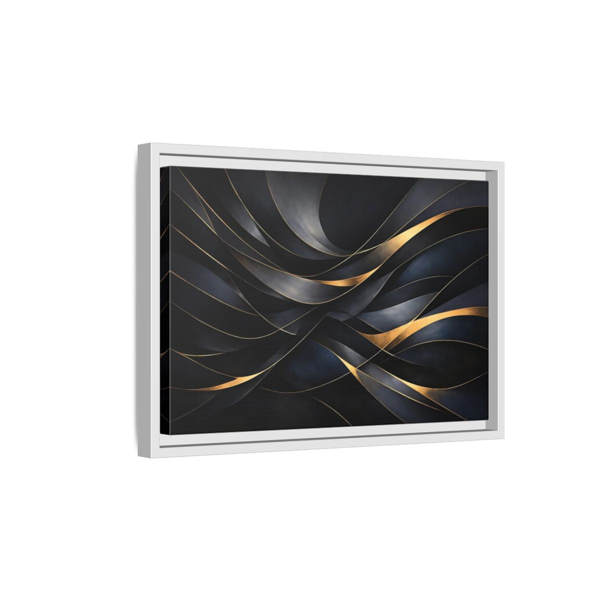 Side Mockup 4. Abstract Abstract Waves Black And Gold shown as stretched canvas wall art
