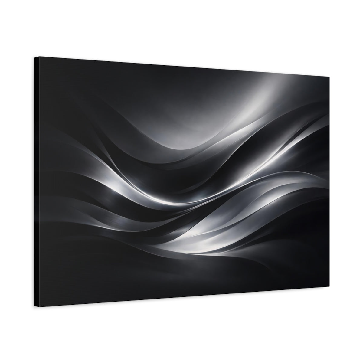 Side Mockup 1. Abstract Abstract Waves Black And Silver shown as stretched canvas wall art
