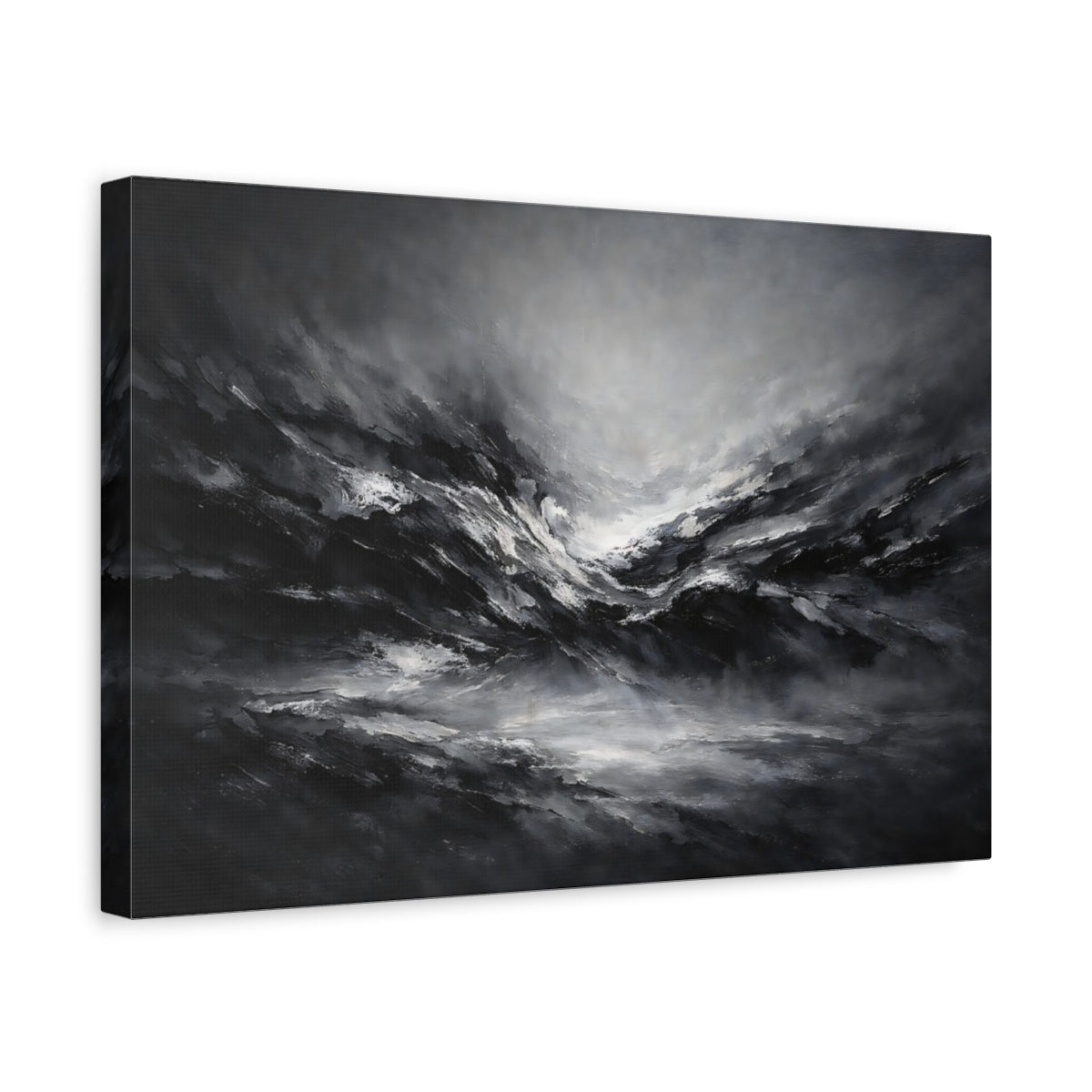 Side Mockup 4. Abstract Abstract Waves Black And White Abstract shown as stretched canvas wall art