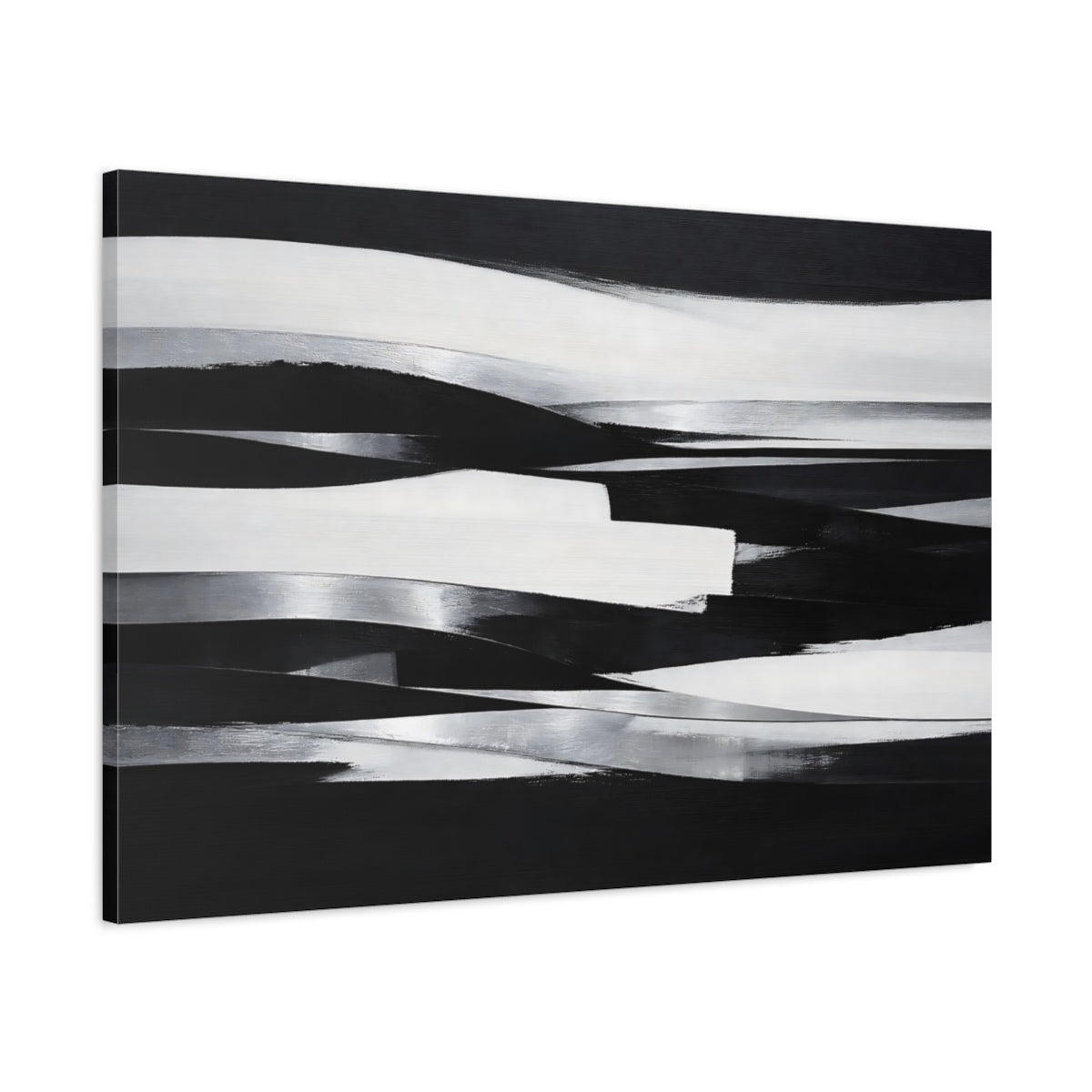 Side Mockup 1. Abstract Abstract Waves Black And White Abstract shown as stretched canvas wall art