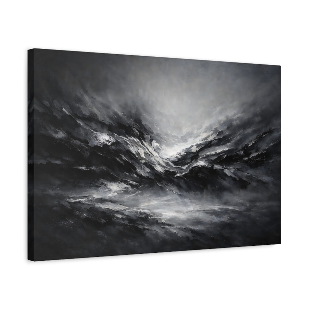 Side Mockup 3. Abstract Abstract Waves Black And White Abstract shown as stretched canvas wall art