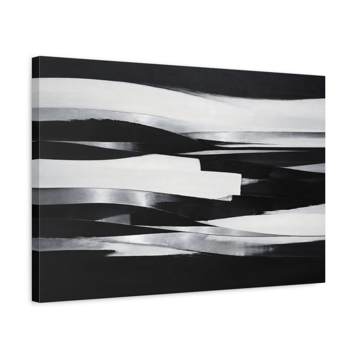 Side Mockup 3. Abstract Abstract Waves Black And White Abstract shown as stretched canvas wall art