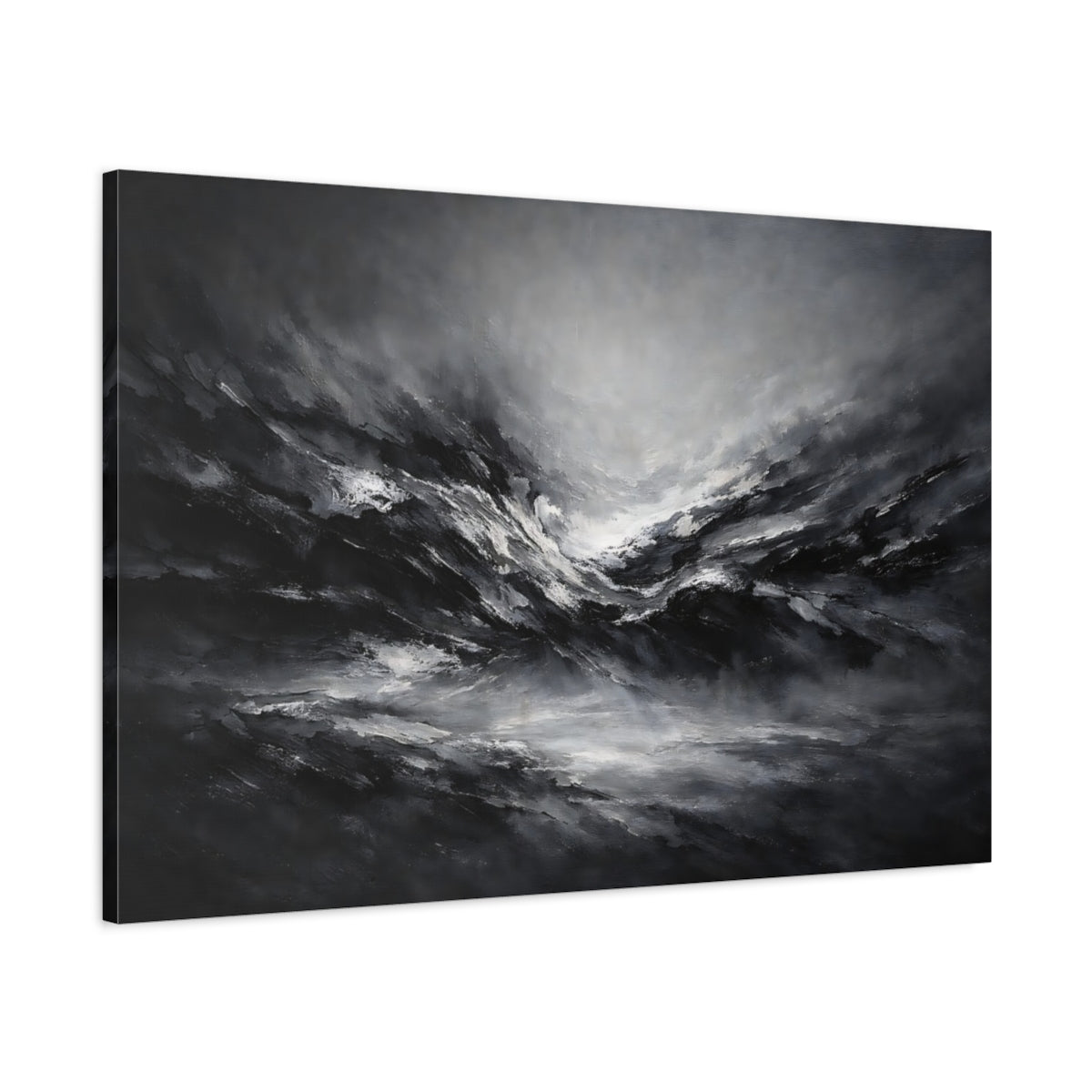 Side Mockup 1. Abstract Abstract Waves Black And White Abstract shown as stretched canvas wall art