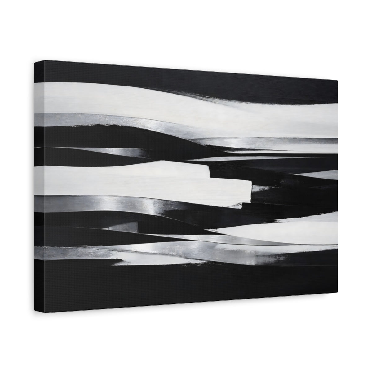 Side Mockup 4. Abstract Abstract Waves Black And White Abstract shown as stretched canvas wall art