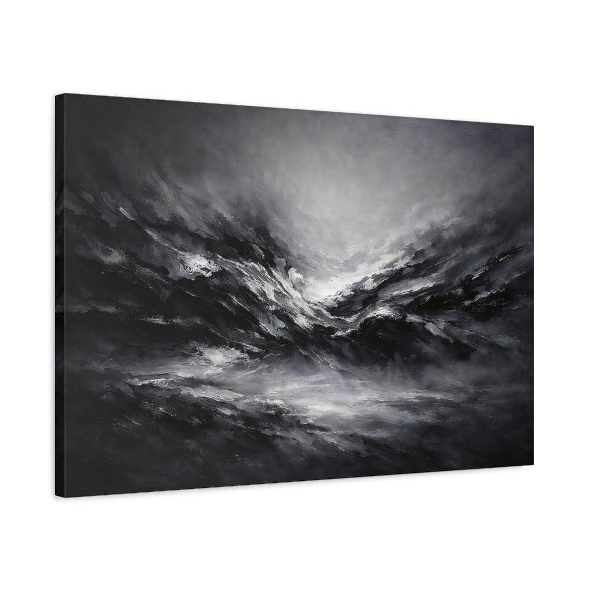 Side Mockup 2. Abstract Abstract Waves Black And White Abstract shown as stretched canvas wall art