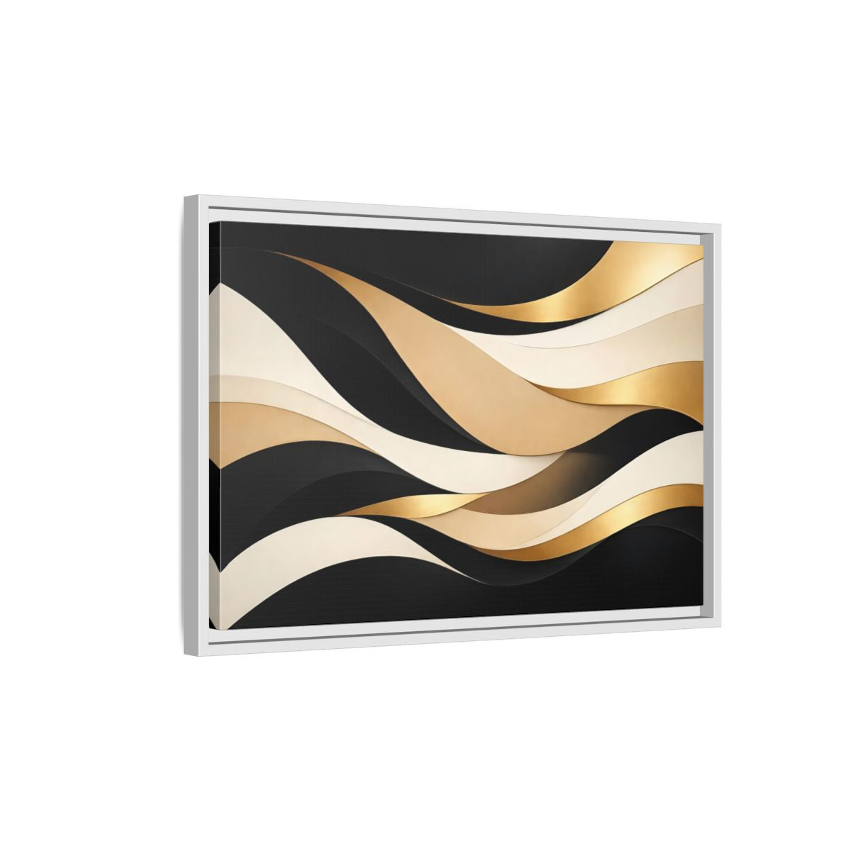 Side Mockup 1. Abstract Abstract Waves Black Gold Waves shown as stretched canvas wall art