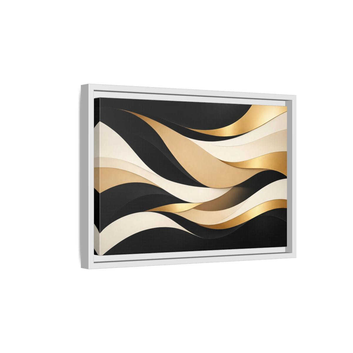 Side Mockup 4. Abstract Abstract Waves Black Gold Waves shown as stretched canvas wall art
