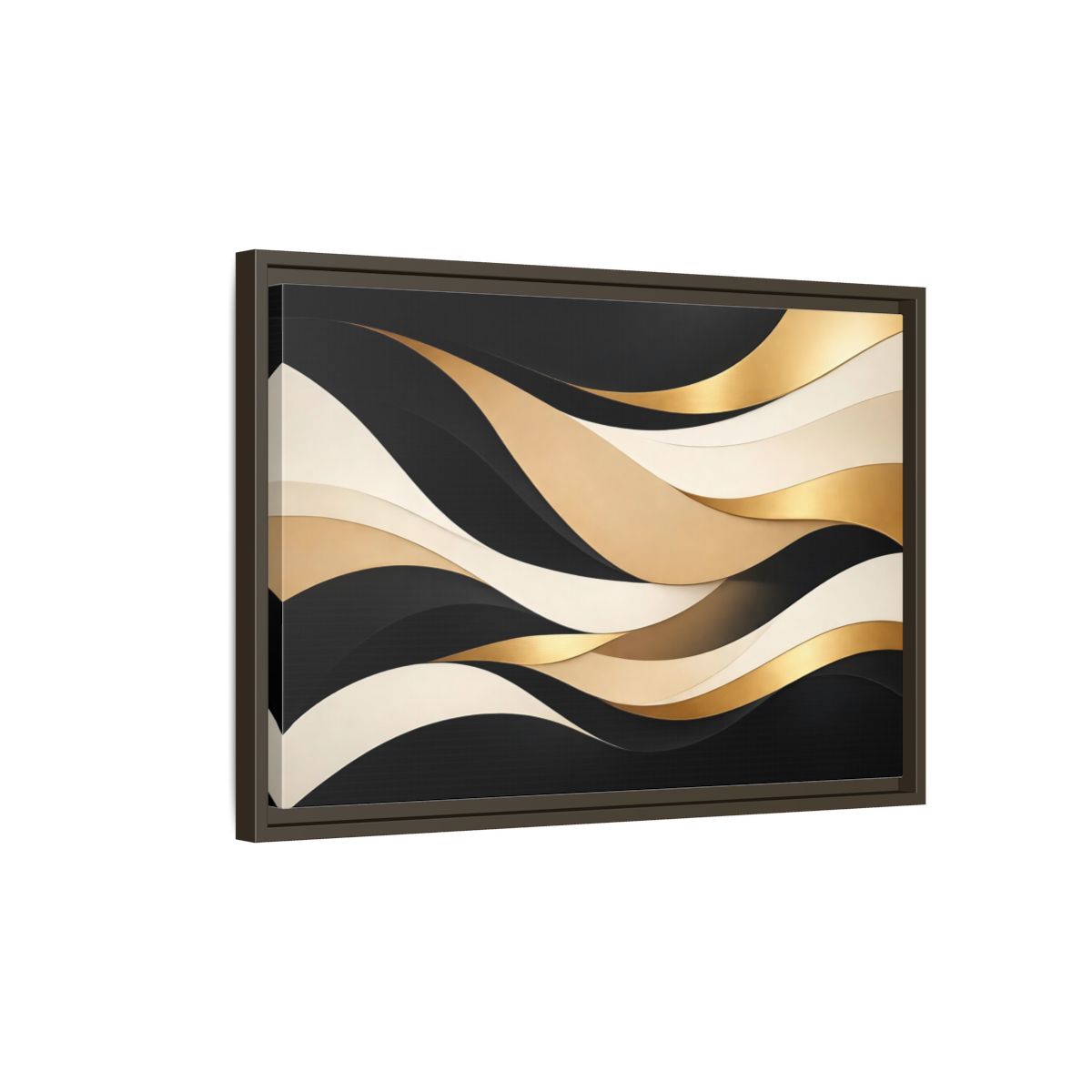 Side Mockup 2. Abstract Abstract Waves Black Gold Waves shown as stretched canvas wall art