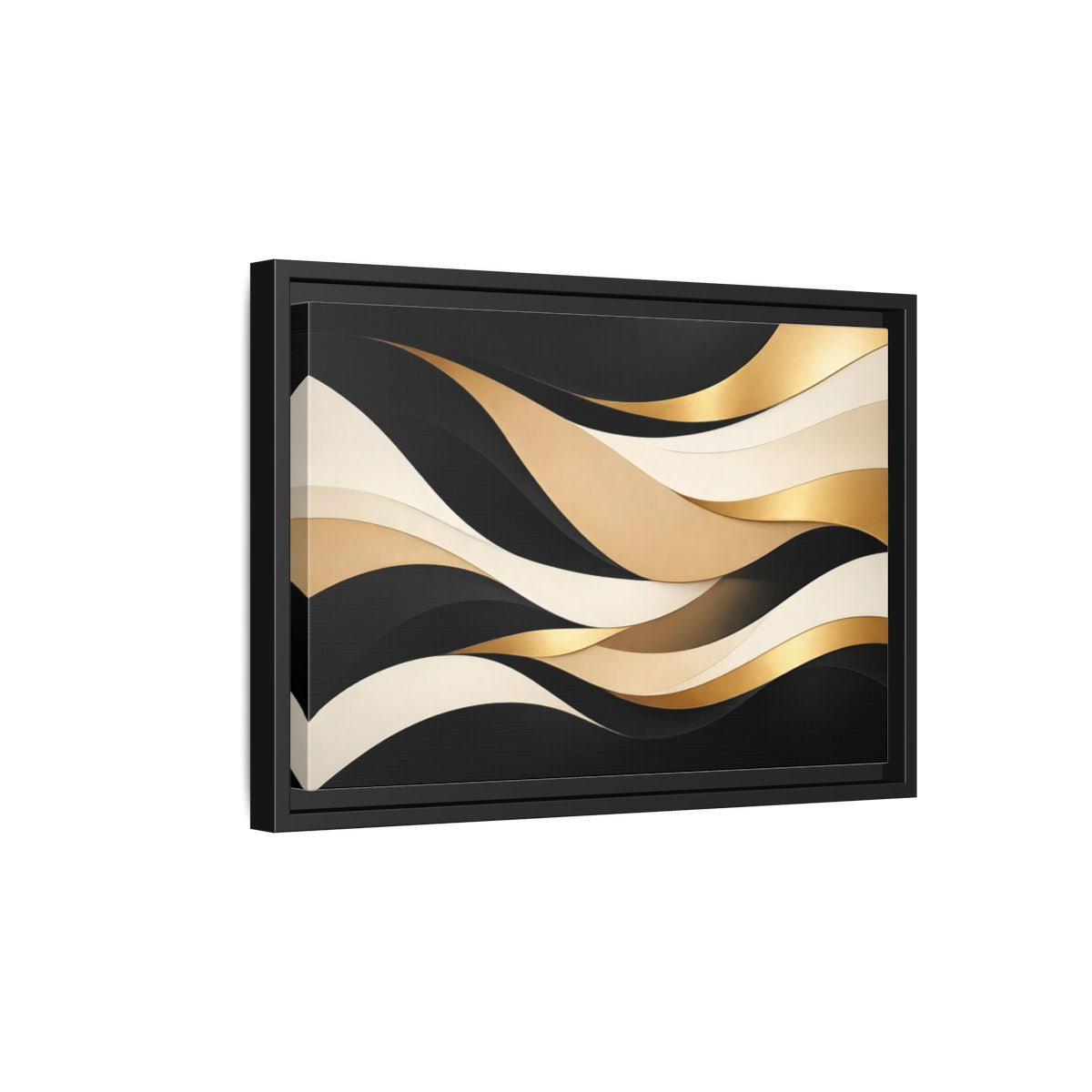 Side Mockup 6. Abstract Abstract Waves Black Gold Waves shown as stretched canvas wall art