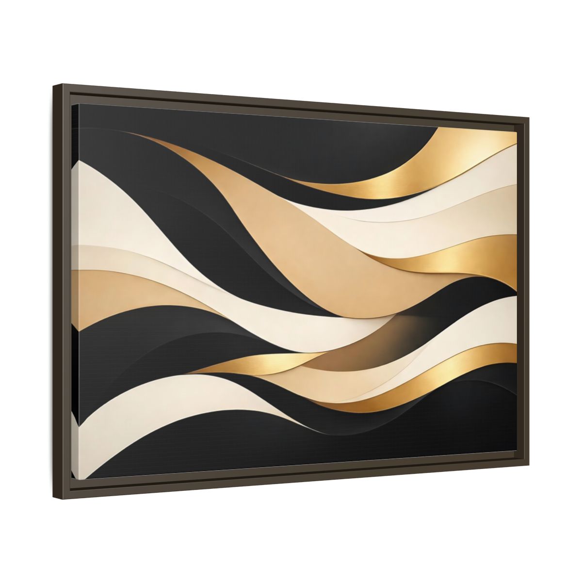 Side Mockup 11. Abstract Abstract Waves Black Gold Waves shown as stretched canvas wall art