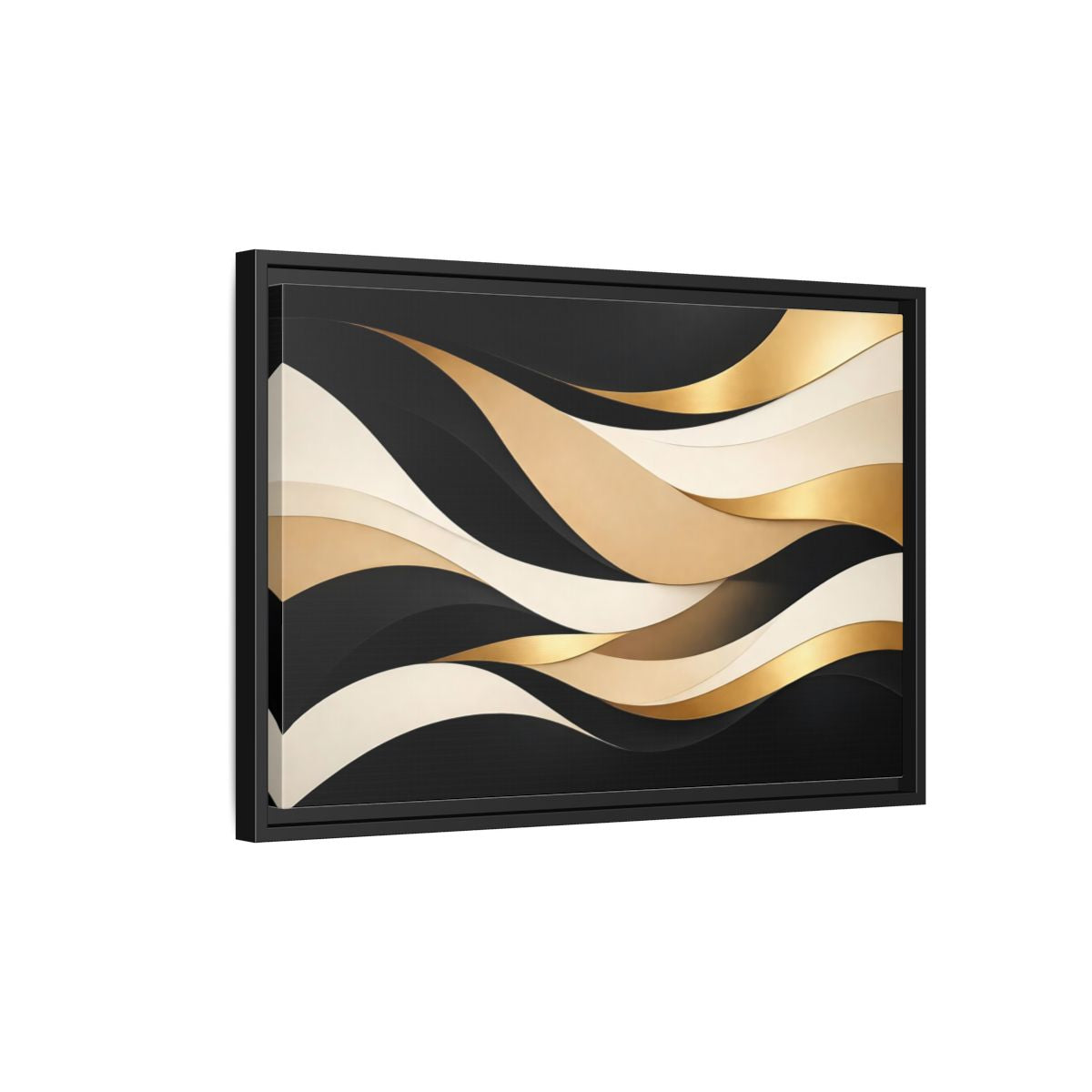 Side Mockup 3. Abstract Abstract Waves Black Gold Waves shown as stretched canvas wall art