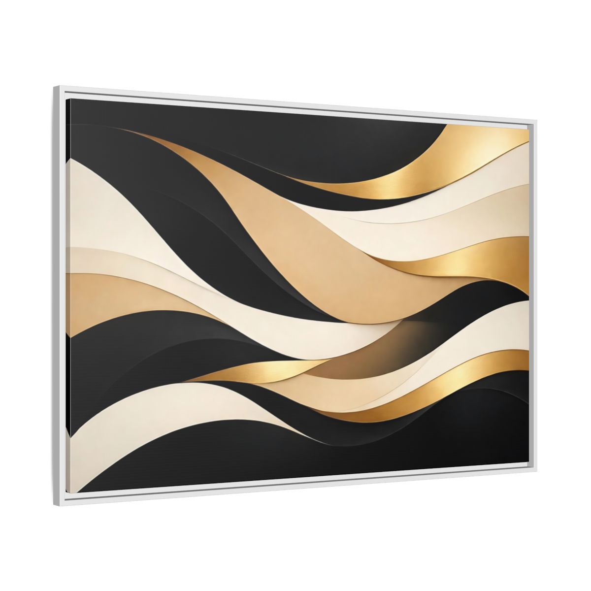 Side Mockup 7. Abstract Abstract Waves Black Gold Waves shown as stretched canvas wall art