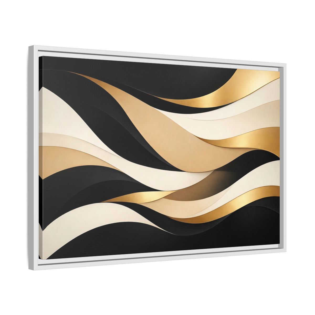 Side Mockup 10. Abstract Abstract Waves Black Gold Waves shown as stretched canvas wall art