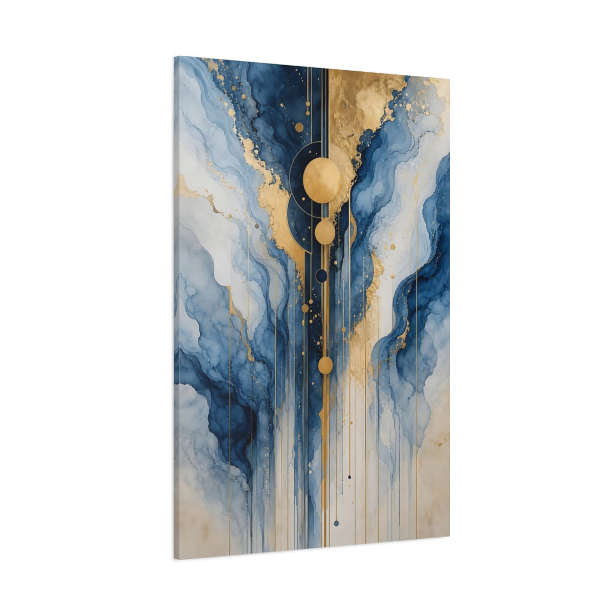 Side Mockup 1. Abstract Abstract Waves Blue And Gold shown as stretched canvas wall art