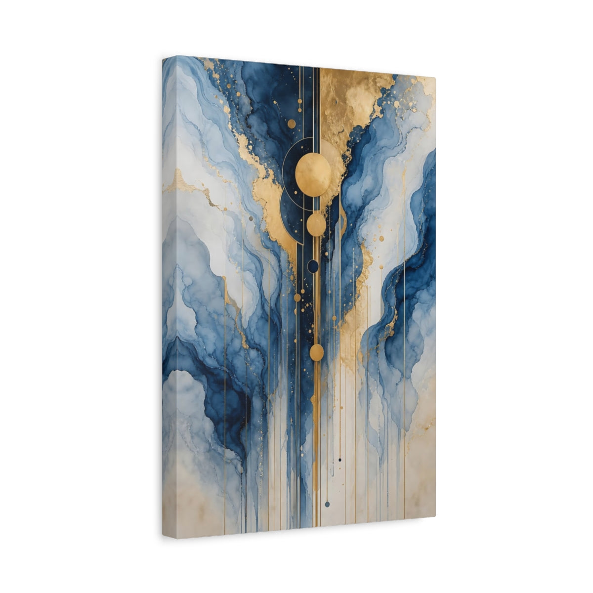Side Mockup 4. Abstract Abstract Waves Blue And Gold shown as stretched canvas wall art