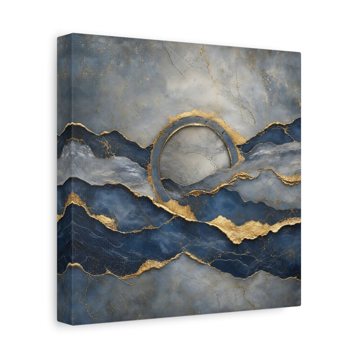 Side Mockup 9. Abstract Abstract Waves Blue And Gold shown as stretched canvas wall art