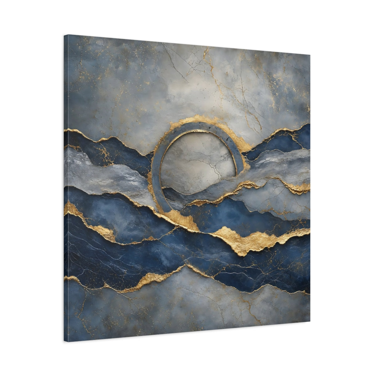 Side Mockup 1. Abstract Abstract Waves Blue And Gold shown as stretched canvas wall art