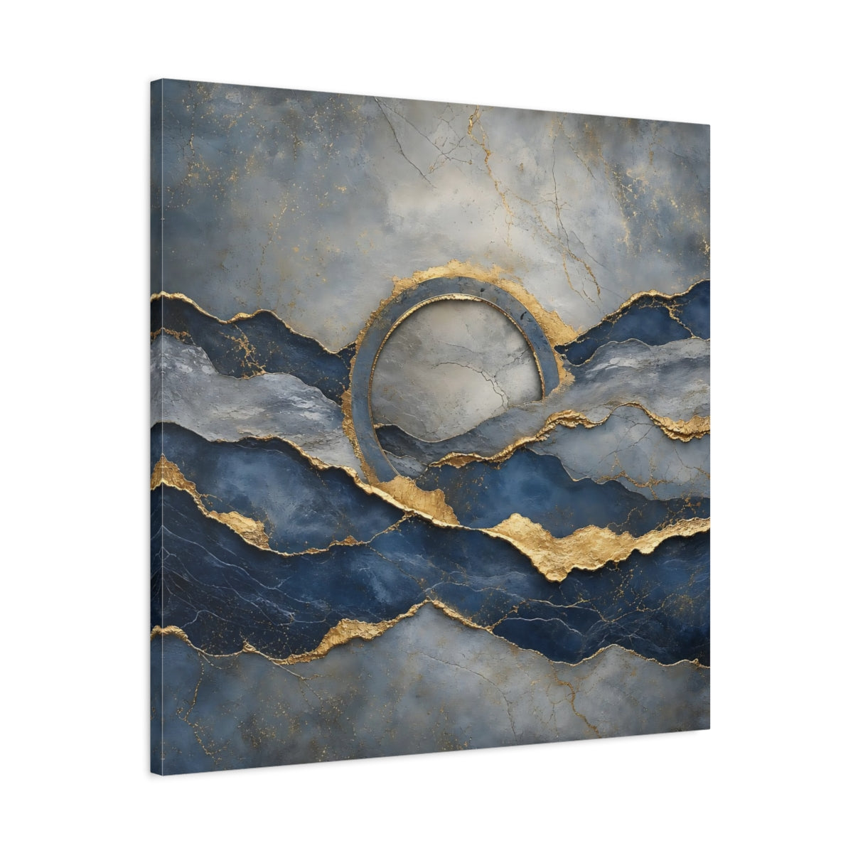 Side Mockup 3. Abstract Abstract Waves Blue And Gold shown as stretched canvas wall art