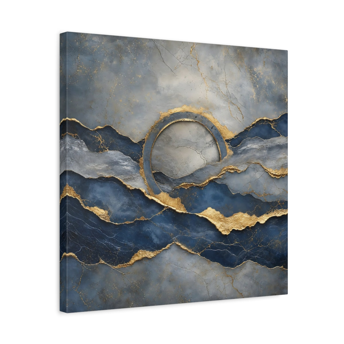 Side Mockup 5. Abstract Abstract Waves Blue And Gold shown as stretched canvas wall art