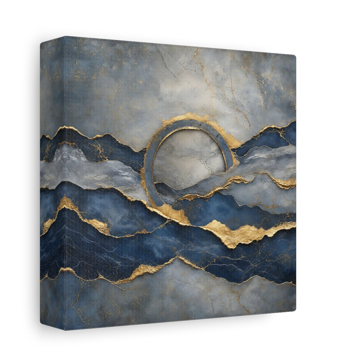 Side Mockup 2. Abstract Abstract Waves Blue And Gold shown as stretched canvas wall art