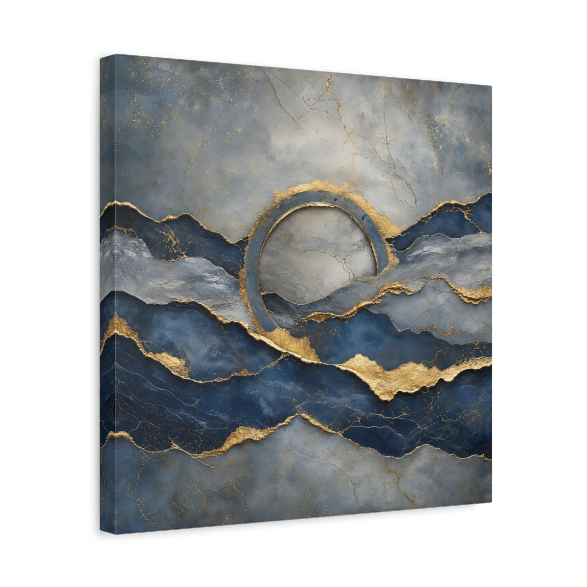 Side Mockup 6. Abstract Abstract Waves Blue And Gold shown as stretched canvas wall art
