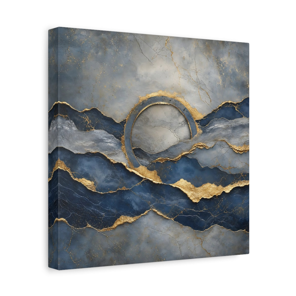 Side Mockup 8. Abstract Abstract Waves Blue And Gold shown as stretched canvas wall art