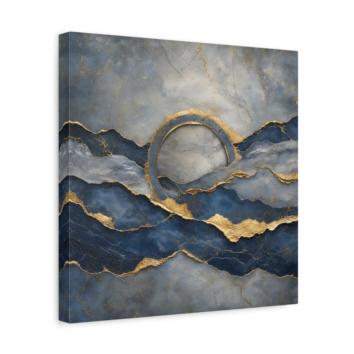 Side Mockup 7. Abstract Abstract Waves Blue And Gold shown as stretched canvas wall art