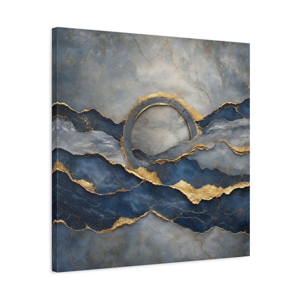 Side Mockup 4. Abstract Abstract Waves Blue And Gold shown as stretched canvas wall art