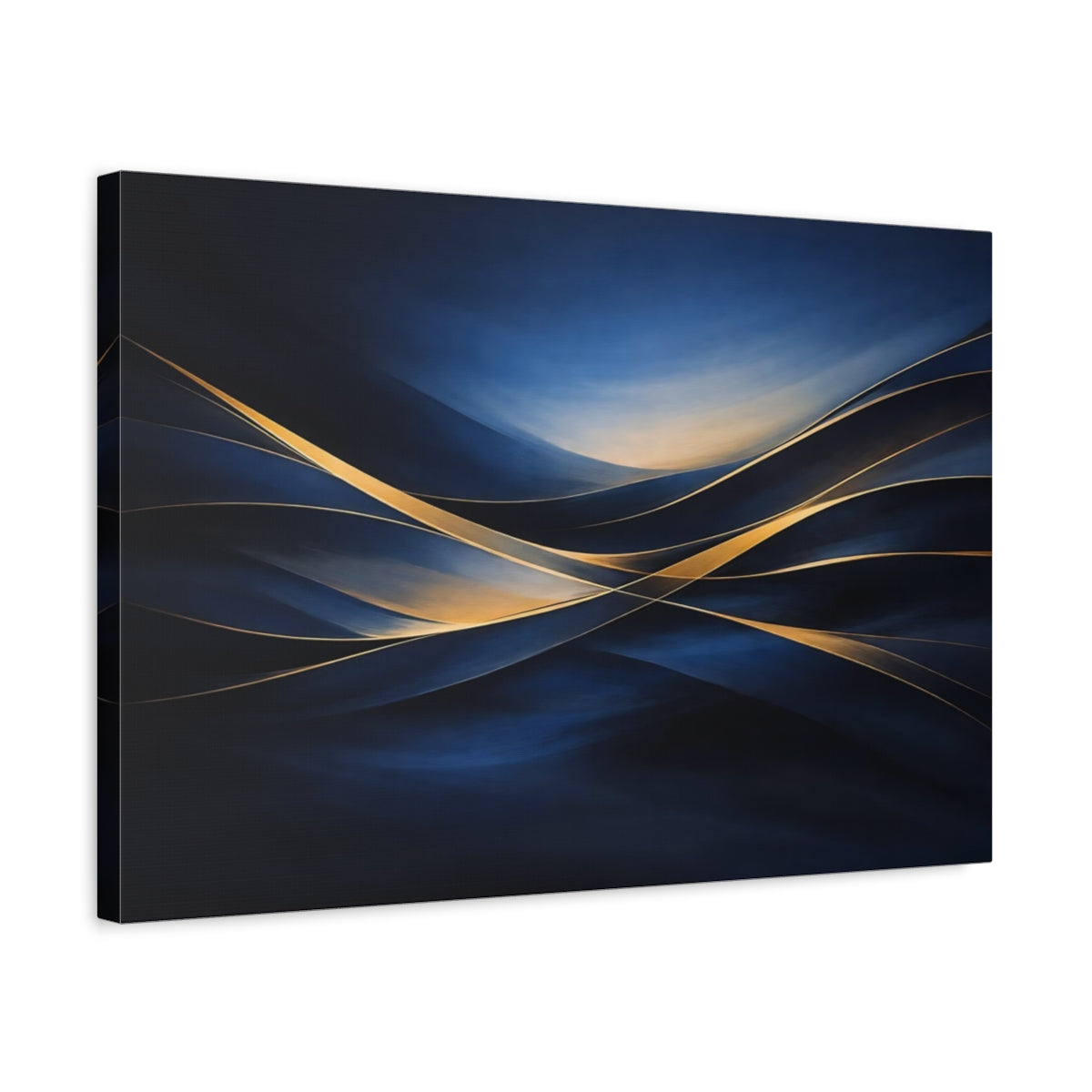 Side Mockup 3. Abstract Abstract Waves Blue And Gold Abstract shown as stretched canvas wall art
