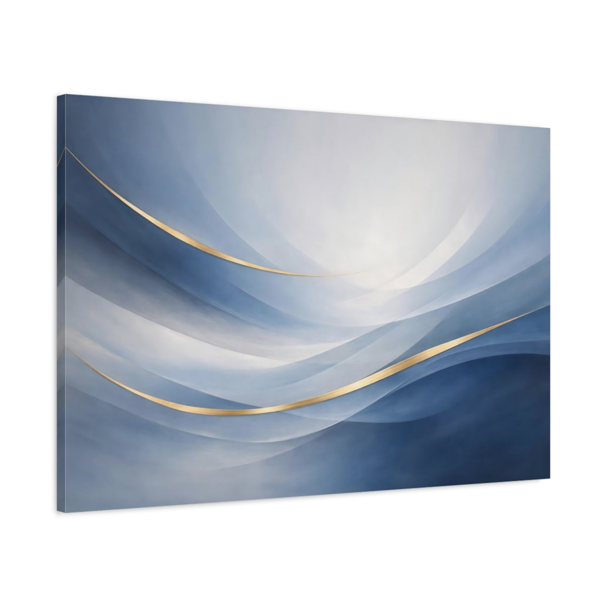 Side Mockup 1. Abstract Abstract Waves Blue And Gold shown as stretched canvas wall art