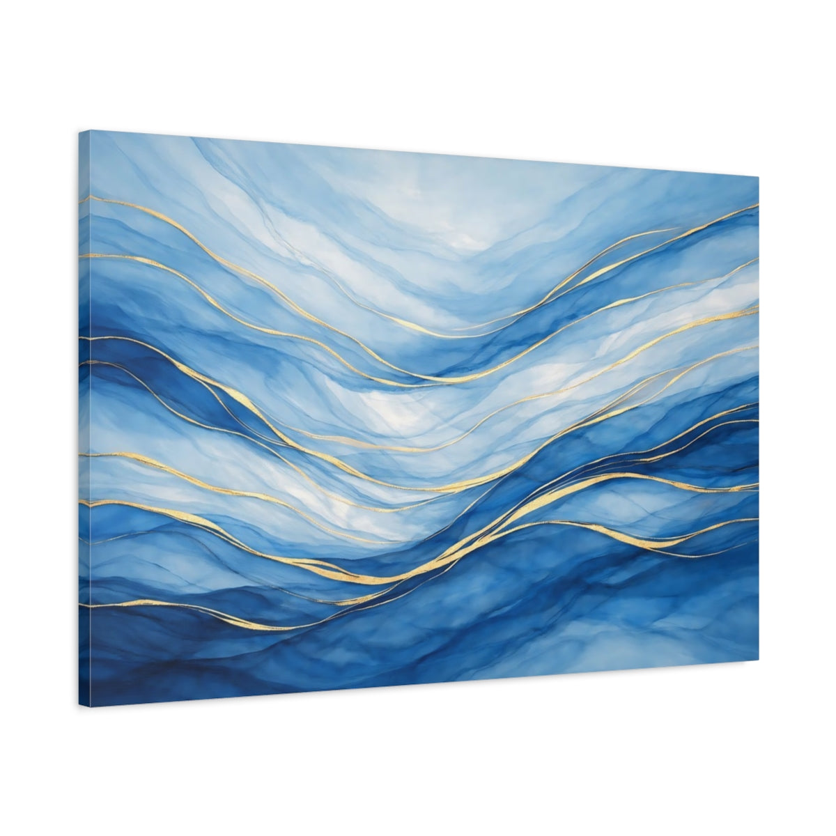 Side Mockup 1. Abstract Abstract Waves Blue And Gold shown as stretched canvas wall art