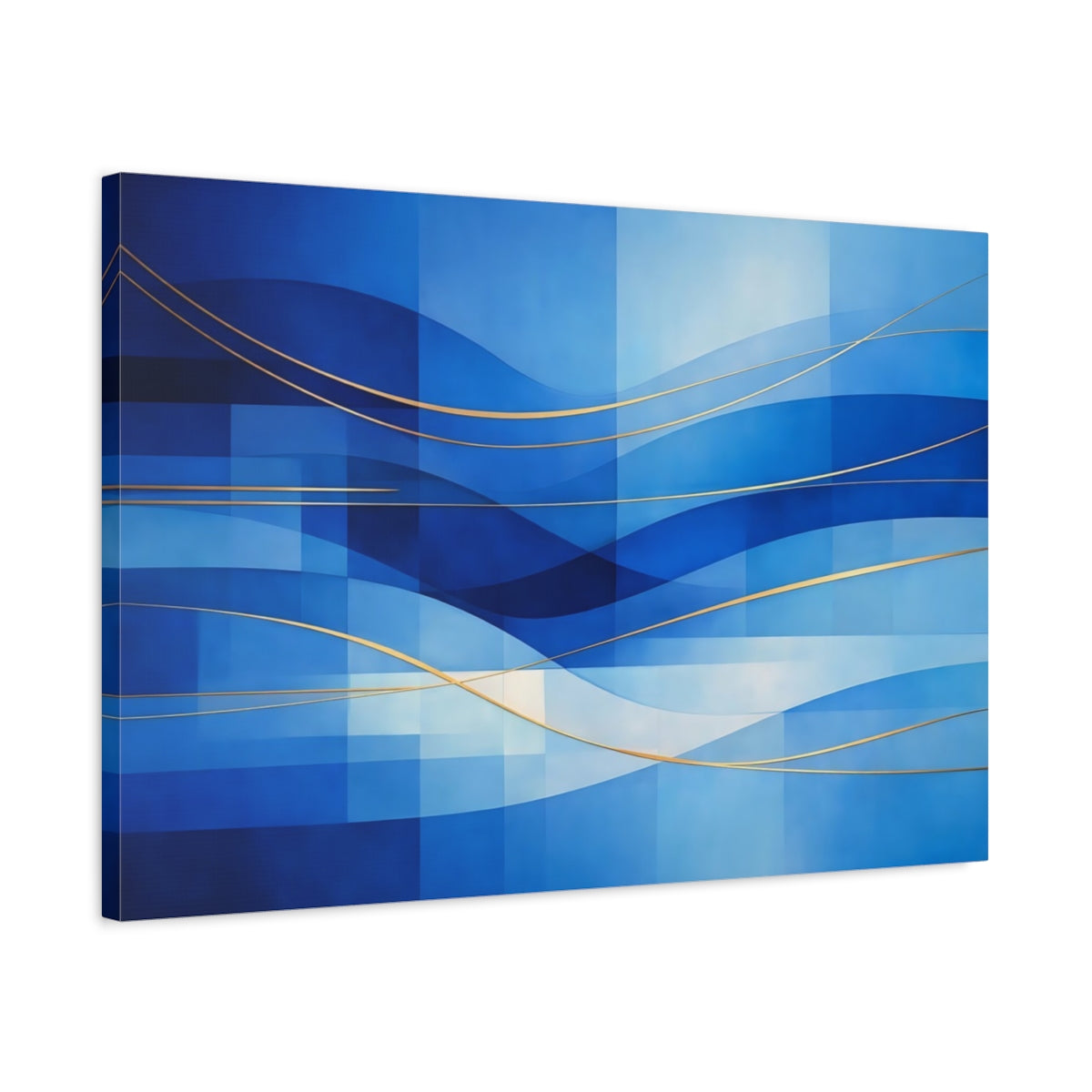 Side Mockup 2. Abstract Abstract Waves Blue And Gold shown as stretched canvas wall art