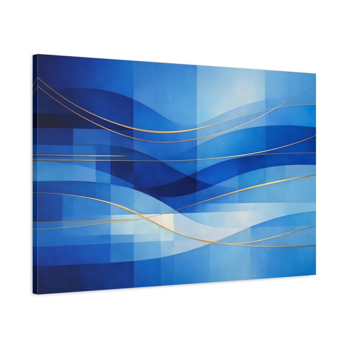 Side Mockup 1. Abstract Abstract Waves Blue And Gold shown as stretched canvas wall art