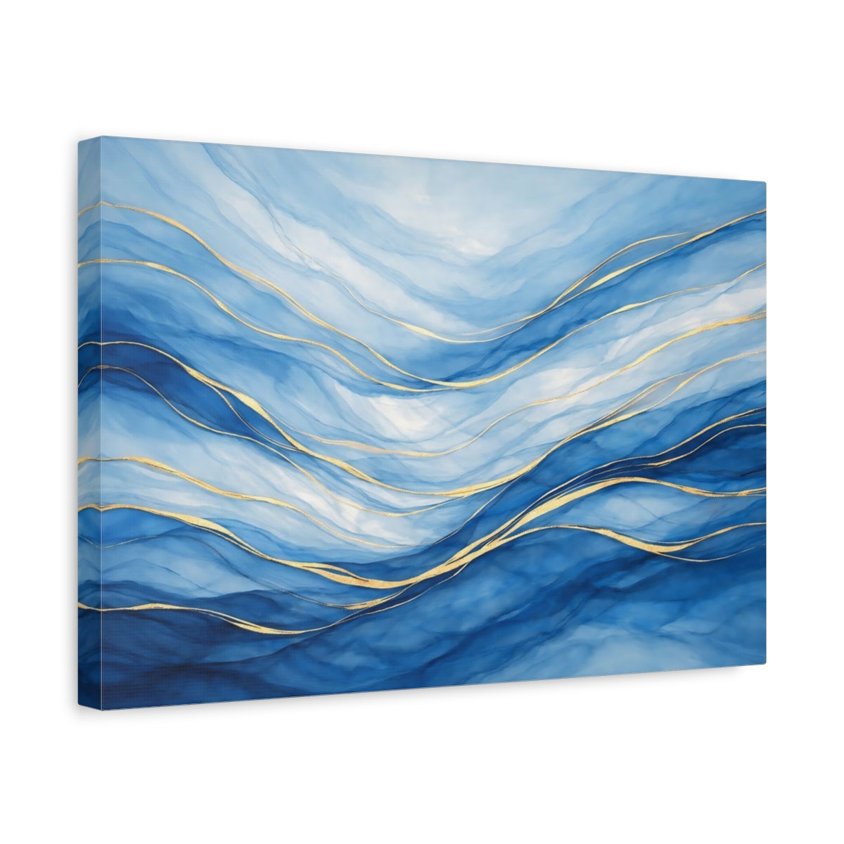 Side Mockup 4. Abstract Abstract Waves Blue And Gold shown as stretched canvas wall art
