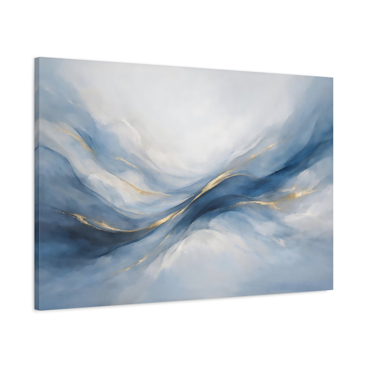 Side Mockup 1. Abstract Abstract Waves Blue And Gold shown as stretched canvas wall art