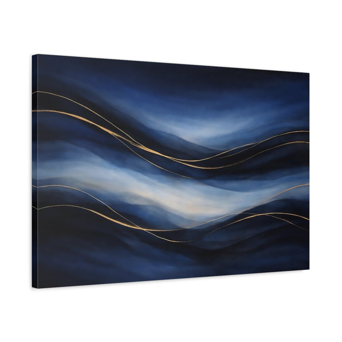 Side Mockup 2. Abstract Abstract Waves Blue And Gold shown as stretched canvas wall art