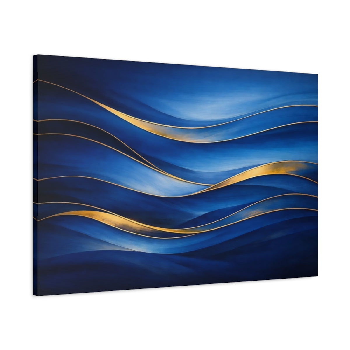 Side Mockup 1. Abstract Abstract Waves Blue And Gold shown as stretched canvas wall art