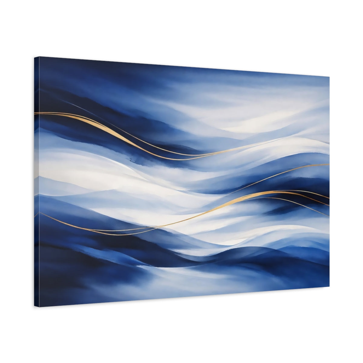 Side Mockup 1. Abstract Abstract Waves Blue And Gold shown as stretched canvas wall art