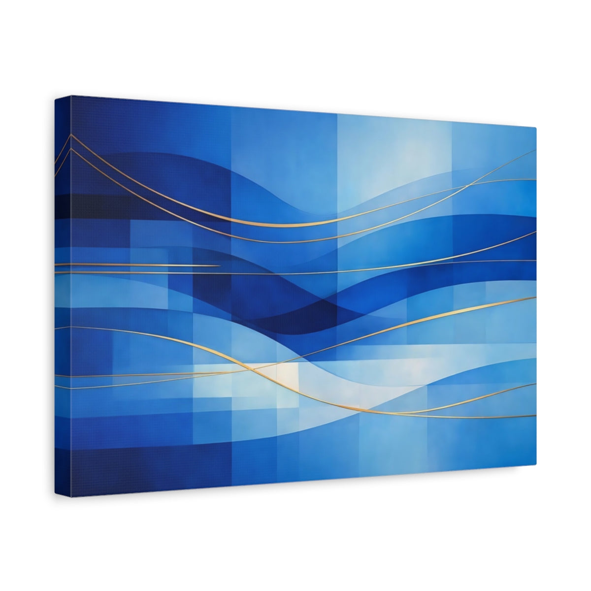 Side Mockup 4. Abstract Abstract Waves Blue And Gold shown as stretched canvas wall art