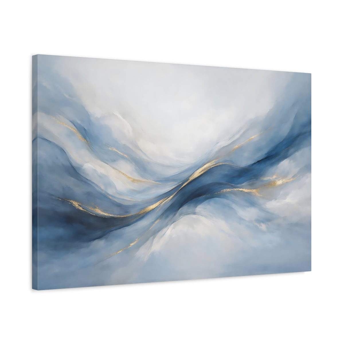 Side Mockup 2. Abstract Abstract Waves Blue And Gold shown as stretched canvas wall art