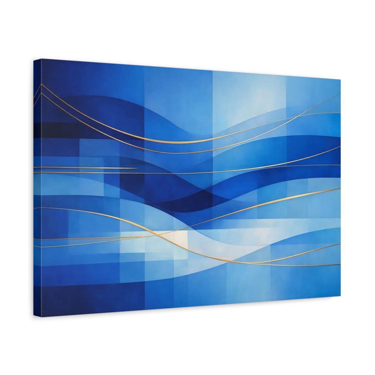 Side Mockup 3. Abstract Abstract Waves Blue And Gold shown as stretched canvas wall art