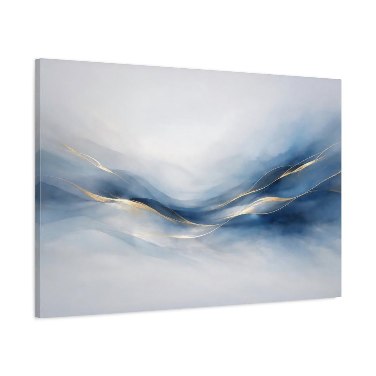 Side Mockup 1. Abstract Abstract Waves Blue And Gold Abstract shown as stretched canvas wall art
